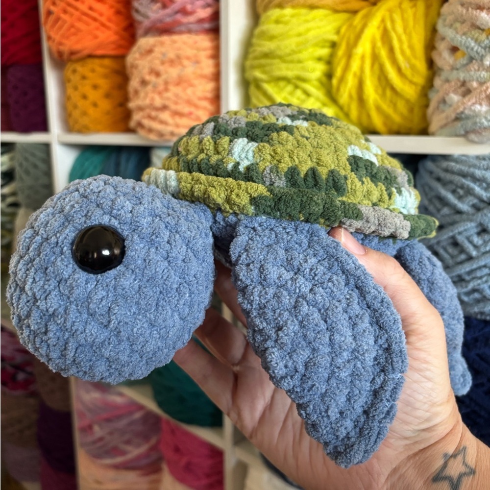 Handmade crochet large blue & green sea turtle plushie